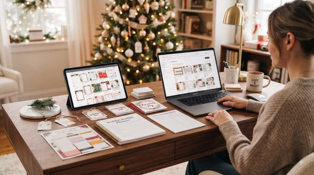 Holiday Etsy digital product shop featuring printable planners, gift tags, cards, and New Year templates
Pasted text