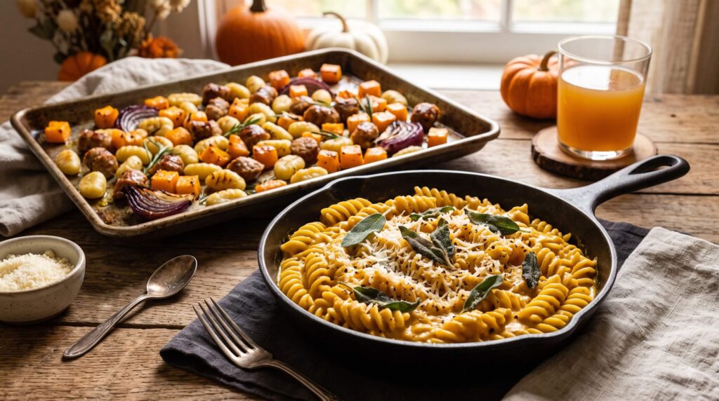 Creamy pumpkin pasta and roasted gnocchi representing easy one-pan fall dinners