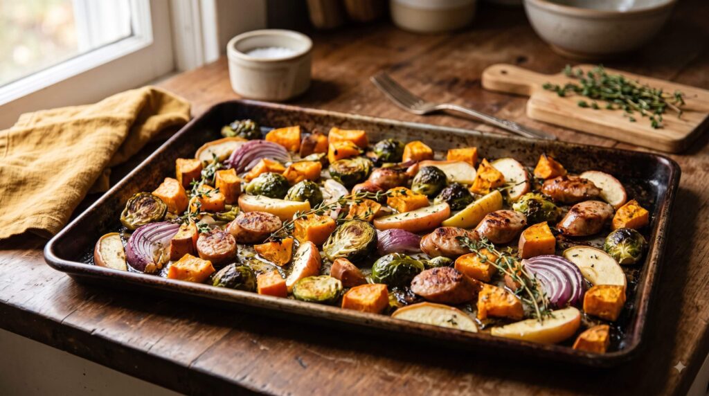 Roasted fall vegetables and chicken sausage on a sheet pan for an easy weeknight dinner