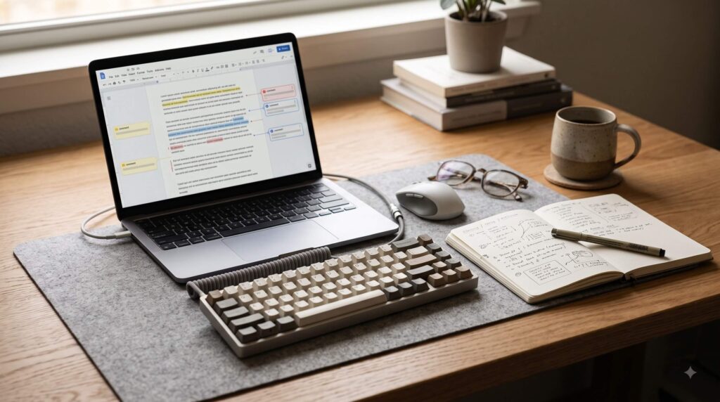 Laptop with article editing and proofreading workspace for a faceless freelance writing side hustle
