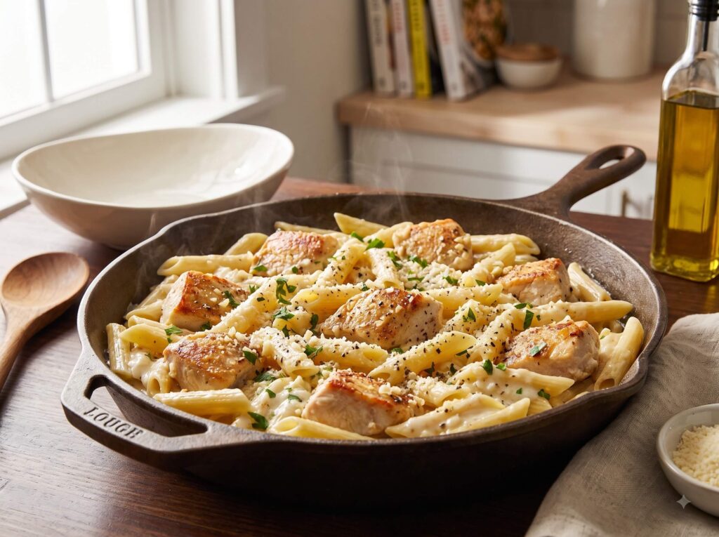 Creamy garlic Parmesan chicken pasta with golden chicken, penne and fresh parsley