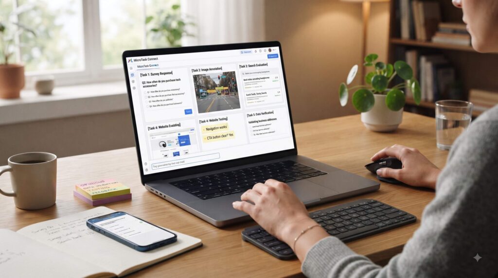 Create a sophisticated photorealistic horizontal 16:9 conceptual image showing the hidden human work behind the digital economy. A laptop on a modern desk displays a generic workflow containing survey responses, image labeling, search-result evaluation, website testing, and short research tasks. Around the laptop, subtly arrange visual elements representing human opinions, data labeling, product testing, and consumer research. Show a realistic person's hands reviewing and approving small digital tasks. Use a premium technology editorial photography style, soft natural lighting, realistic screen reflections, minimal modern workspace, clean composition, believable interfaces with no real company logos. The image should make viewers curious about why ordinary people are being paid for these tiny digital tasks. Horizontal 16:9.