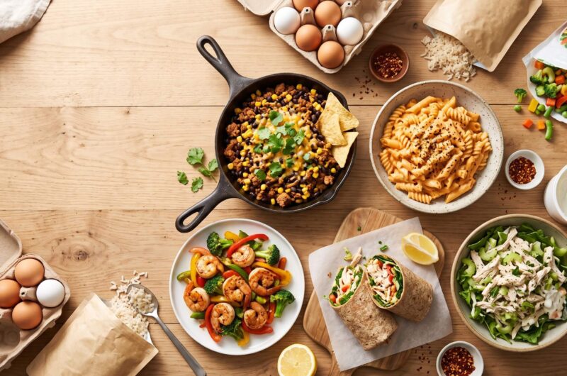 Lazy girl high-protein dinners featuring quick chicken, pasta, shrimp, and healthy meal options.