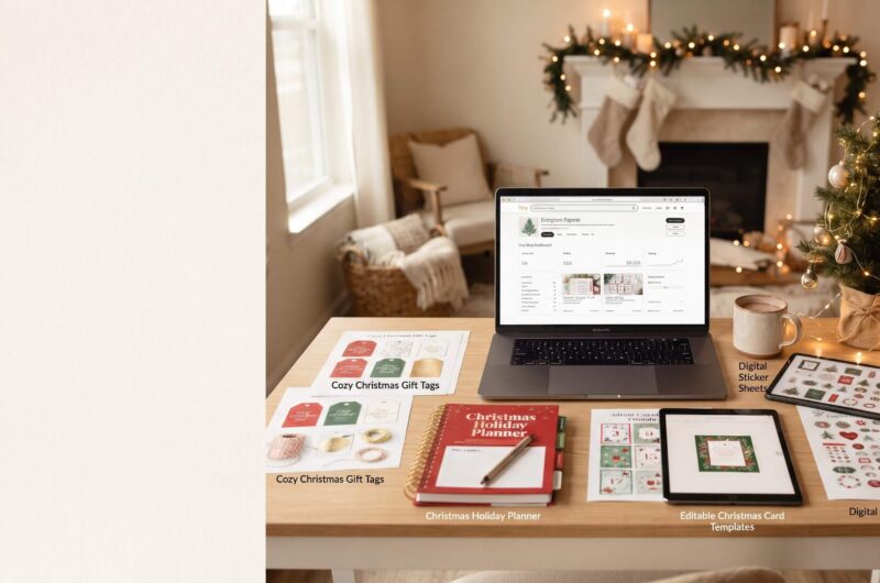 Digital products to sell on Etsy in Q4 including holiday printables, planners, gift tags, and digital downloads