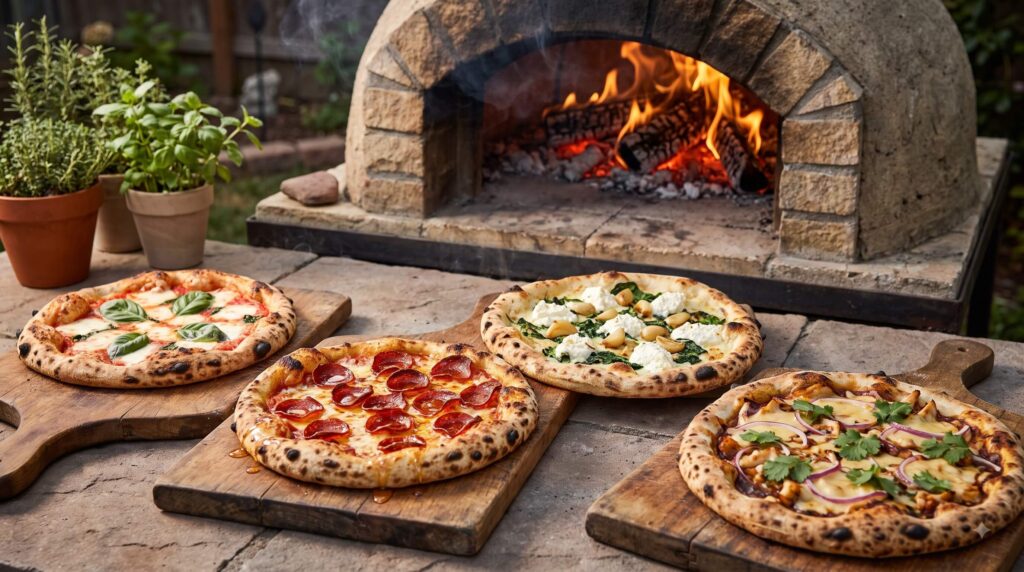 Four wood-fired thin crust pizzas including Margherita, hot honey pepperoni, white garlic spinach, and BBQ chicken
