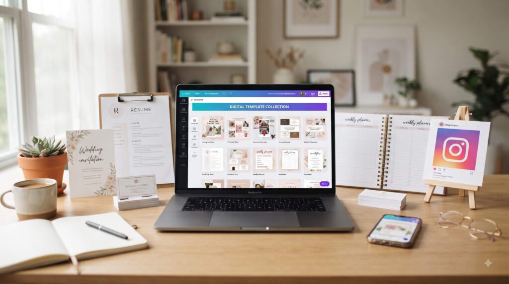 Collection of editable digital Canva-style templates displayed on a laptop in a modern creative workspace.