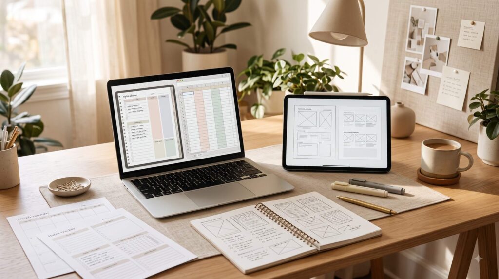 Laptop with digital planner and spreadsheet templates in a quiet minimalist home office