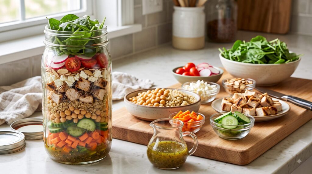 Mason jar salad ingredients arranged to show the correct dressing-to-greens layering order