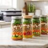 Five layered mason jar salads prepared for healthy weekly work lunch meal prep