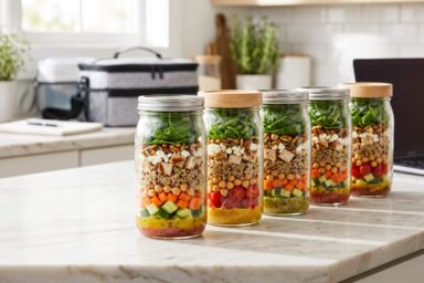 Five layered mason jar salads prepared for healthy weekly work lunch meal prep