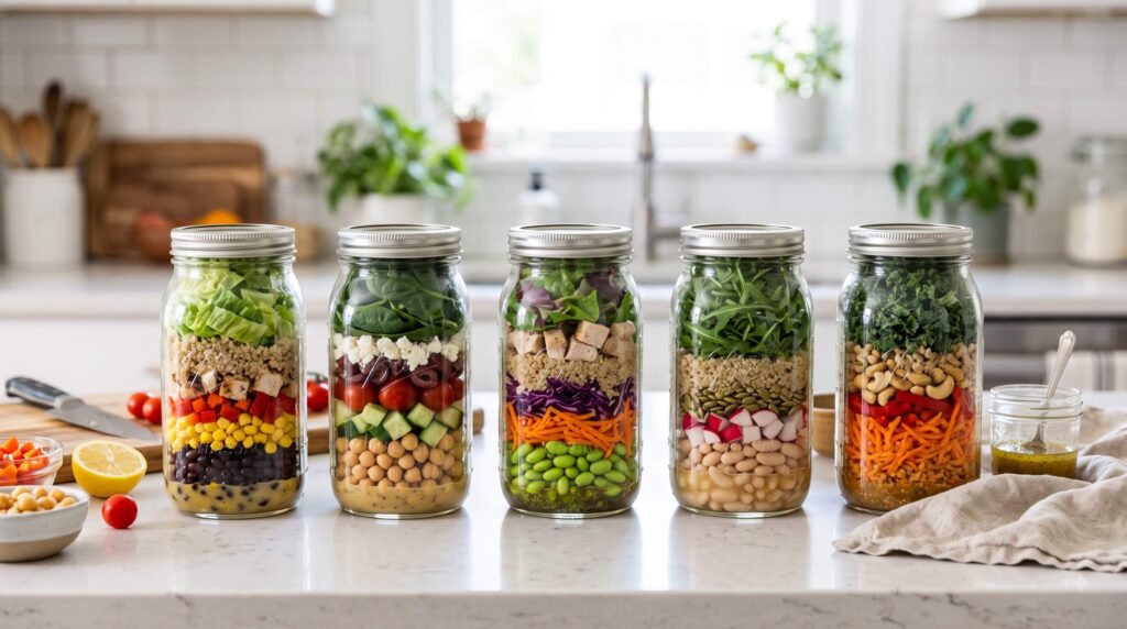 Five mason jar salads assembled for a week of healthy work lunches