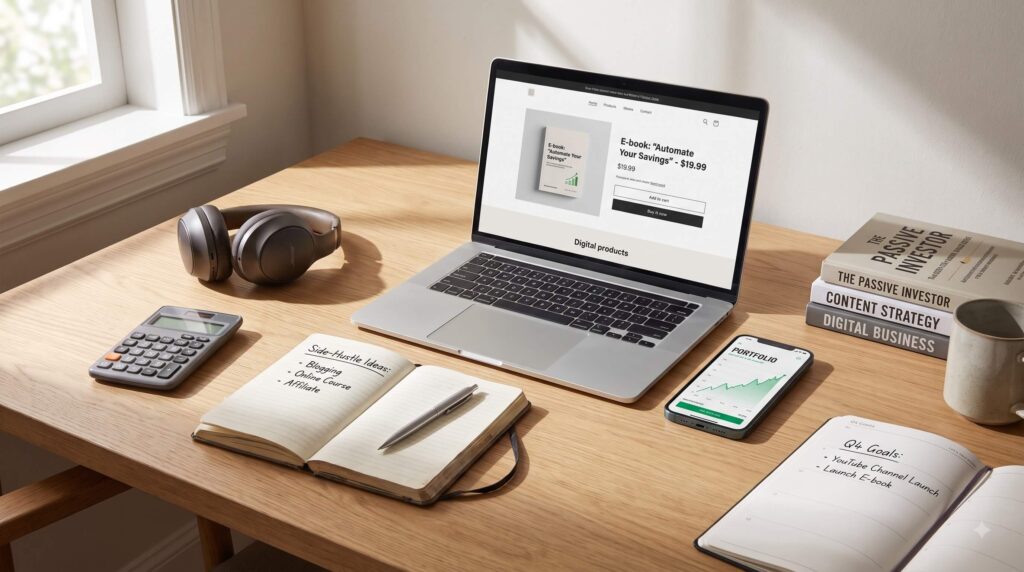 Desk showing different passive income ideas including digital products, investing, blogging, and online business.