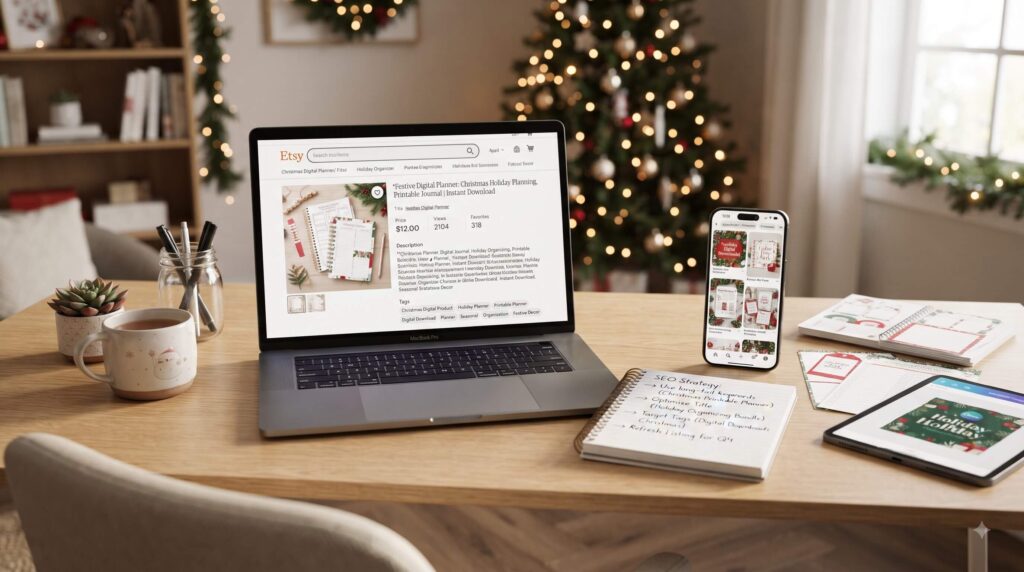 Etsy SEO strategy for holiday digital products, keyword research, listings, and Pinterest marketing