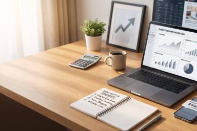 Lazy side hustle and passive income ideas shown in a modern home office with laptop, smartphone, and financial planning tools.