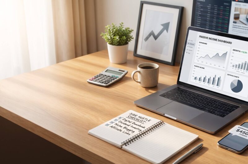 Lazy side hustle and passive income ideas shown in a modern home office with laptop, smartphone, and financial planning tools.