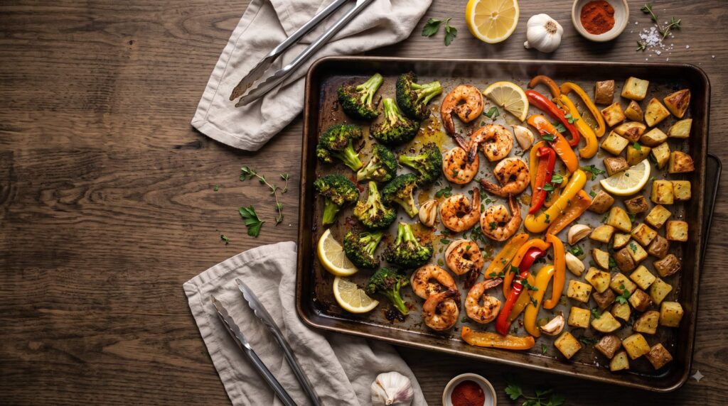 Sheet pan shrimp with roasted vegetables for a quick high-protein dinner.