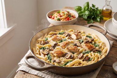 Creamy one-pot pasta with chicken, mushrooms, spinach and Parmesan served in a Dutch oven