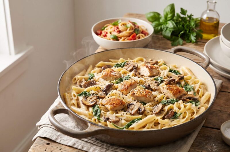 Creamy one-pot pasta with chicken, mushrooms, spinach and Parmesan served in a Dutch oven