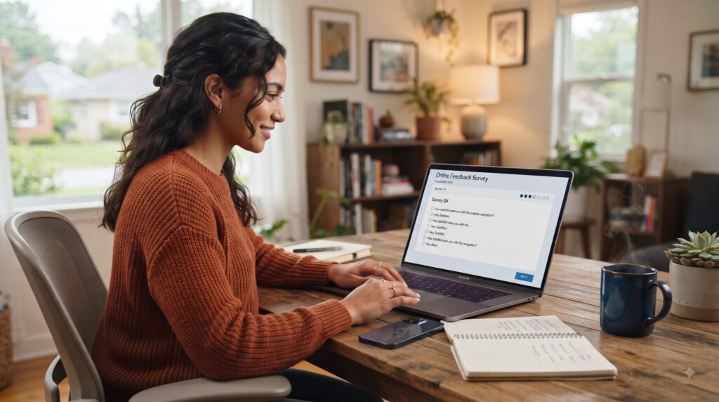 Person completing an online survey on a laptop at a home workspace