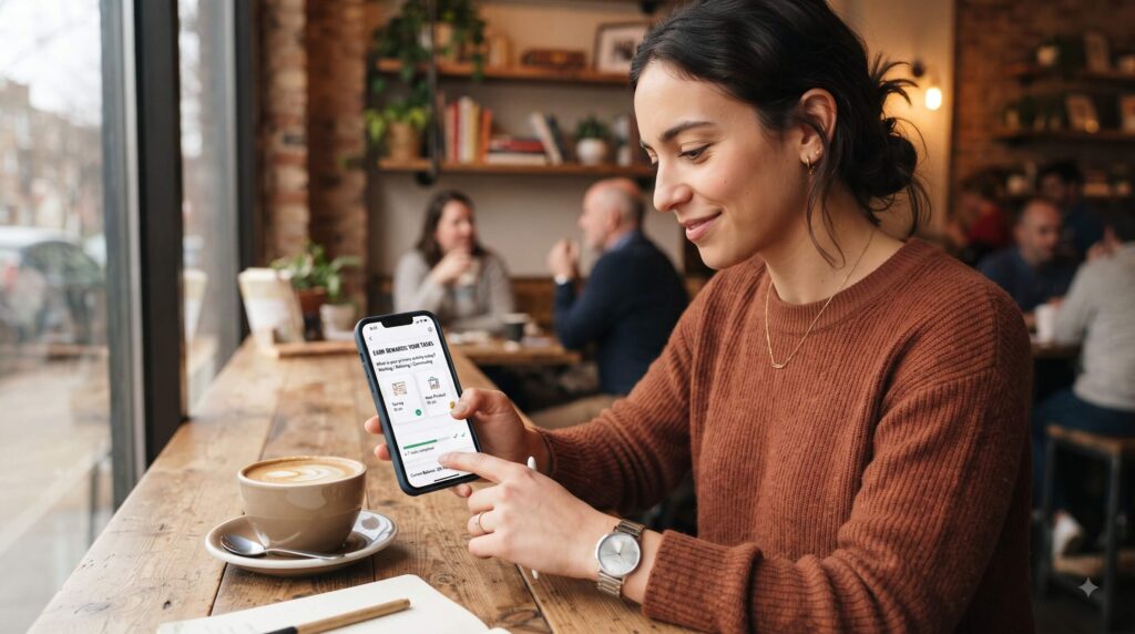 Person using spare minutes at a coffee shop to complete simple online tasks on a smartphone