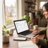 Person completing simple online tasks on a laptop and smartphone while turning spare time into extra income