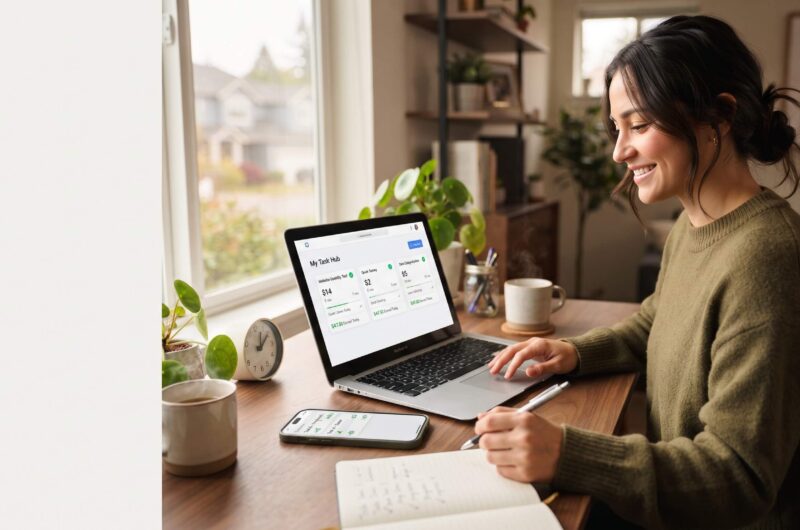 Person completing simple online tasks on a laptop and smartphone while turning spare time into extra income