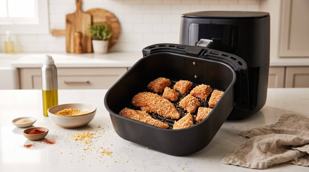 Chicken pieces arranged in a single layer inside an air fryer with breadcrumbs and seasonings nearby