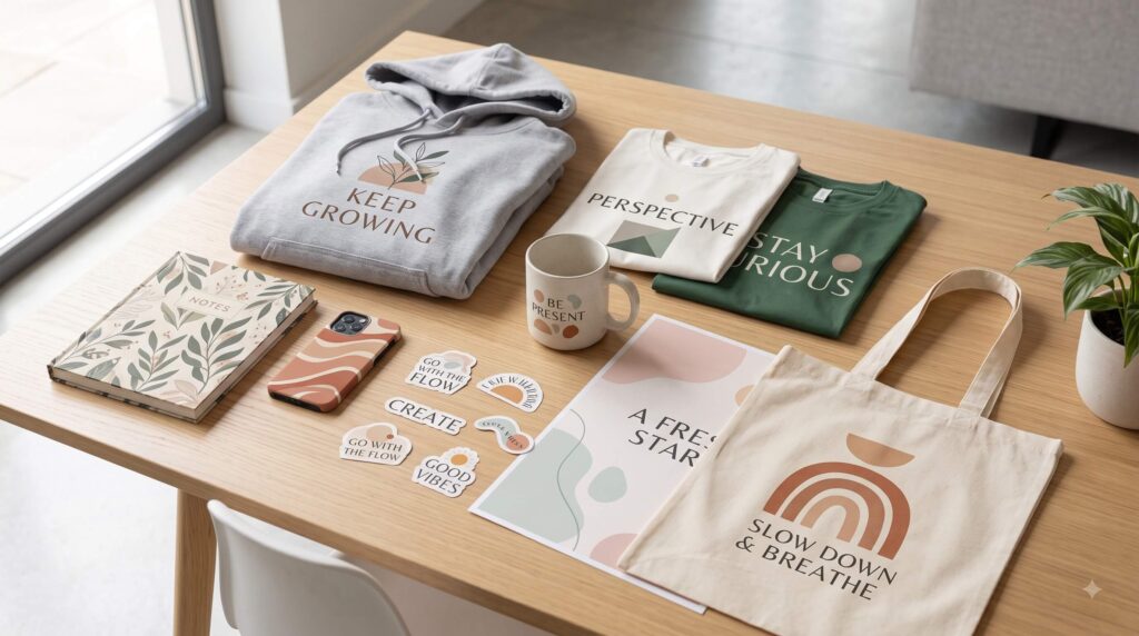 Popular print on demand products including T-shirts mugs tote bags posters and notebooks