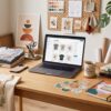 Print on demand products and laptop workspace for beginners starting a POD business