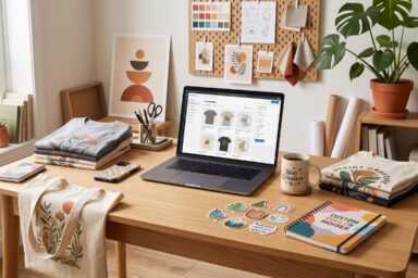 Print on demand products and laptop workspace for beginners starting a POD business