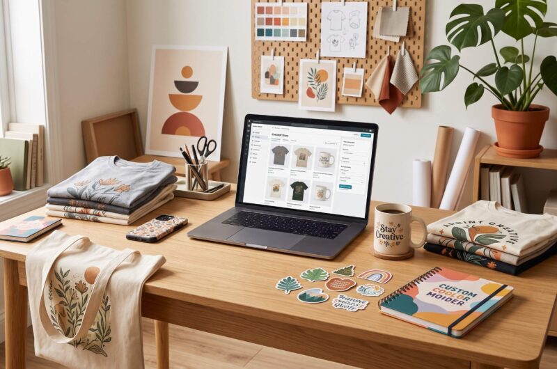 Print on demand products and laptop workspace for beginners starting a POD business