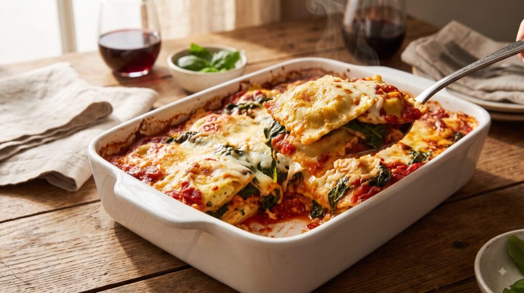 Easy ravioli lasagna casserole layered with cheese ravioli, spinach, marinara, mozzarella, and Parmesan.