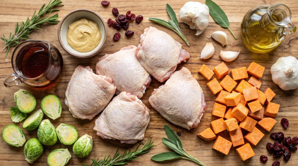 Raw ingredients for maple mustard chicken including chicken thighs, sweet potatoes, Brussels sprouts, maple syrup, and Dijon mustard.