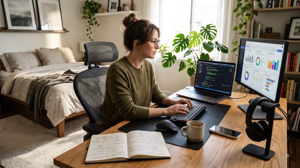 Remote professional using digital tools for high-paying careers such as software development, data analysis, and digital marketing.