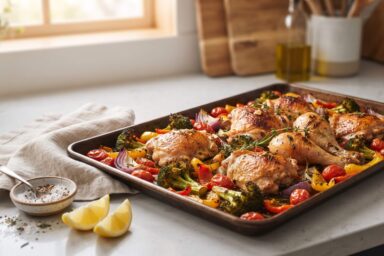 15-minute sheet pan dinner with roasted chicken, broccoli, peppers, red onion, and cherry tomatoes on one baking sheet