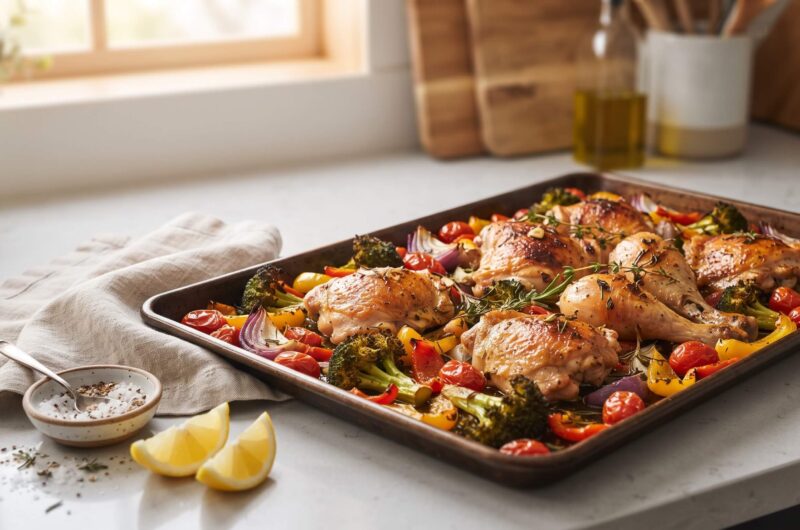 15-minute sheet pan dinner with roasted chicken, broccoli, peppers, red onion, and cherry tomatoes on one baking sheet