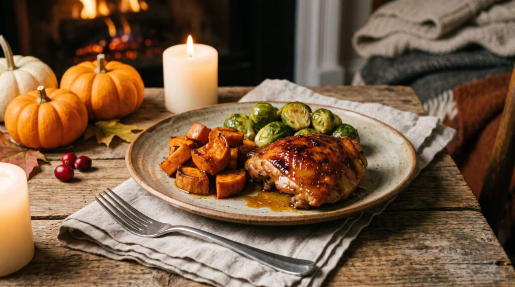 Plated serving of maple mustard chicken with roasted sweet potatoes and Brussels sprouts on a ceramic plate.