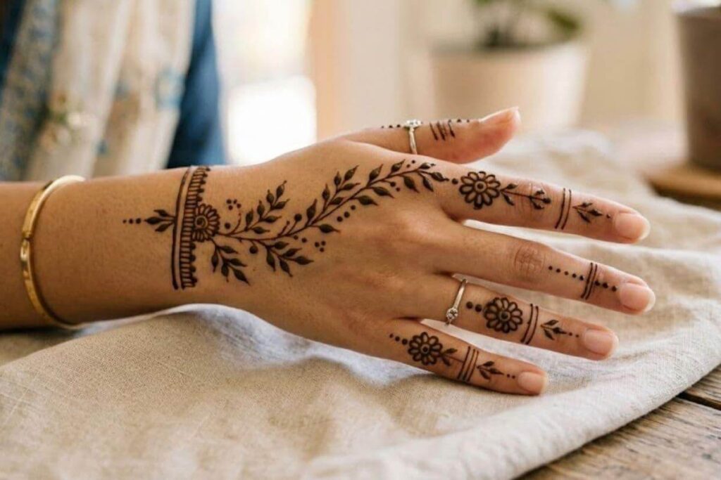 Simple floral Arabic mehndi design with a leafy vine and delicate finger patterns on the back of a woman's hand.