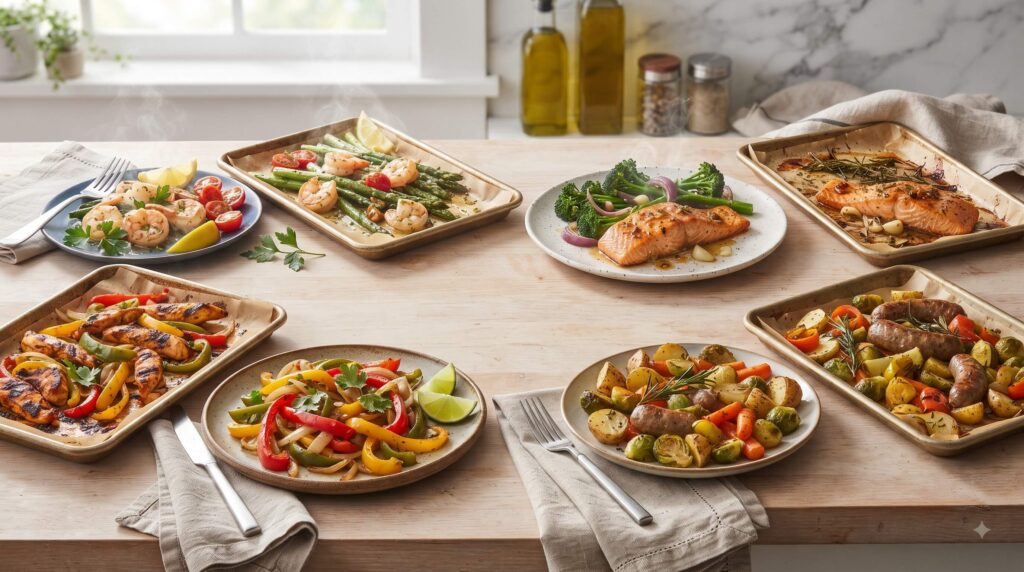 Collage of easy sheet pan dinners including shrimp, salmon, chicken fajitas, sausage, and roasted vegetables