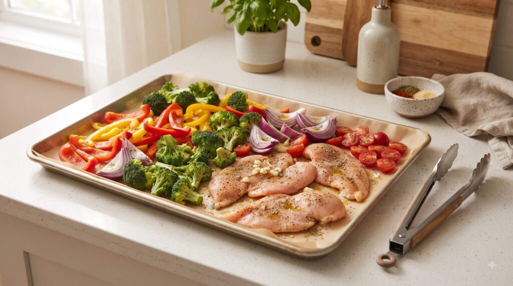 Fast sheet pan dinner ingredients arranged on a baking sheet with chicken and colorful vegetables