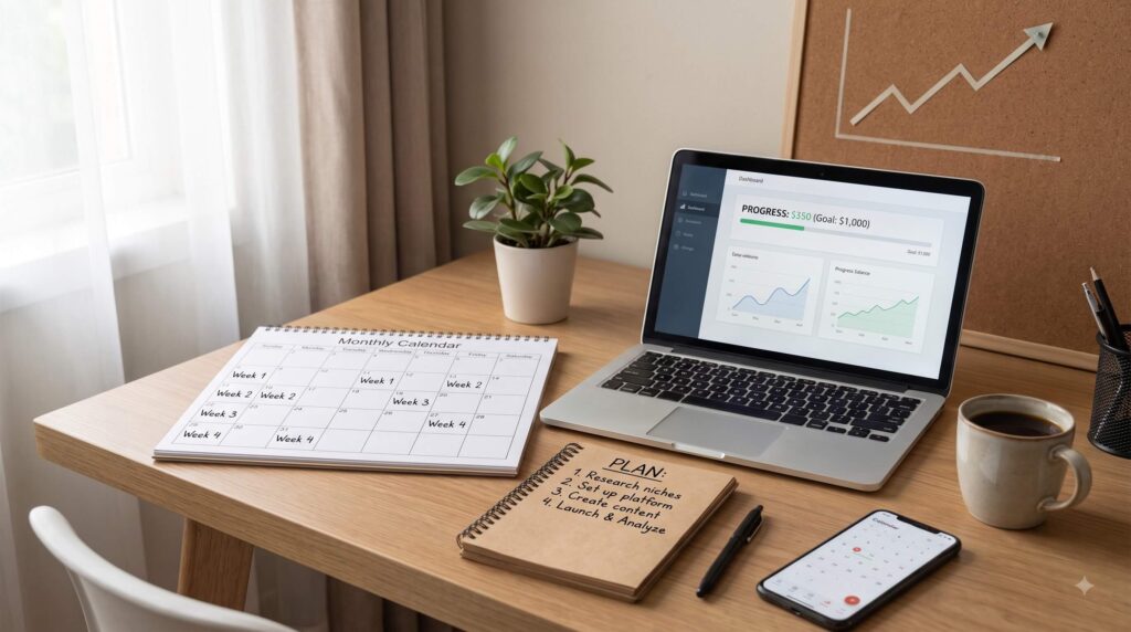 30-day side hustle plan displayed on a home office desk with calendar, laptop, checklist, and financial growth chart.