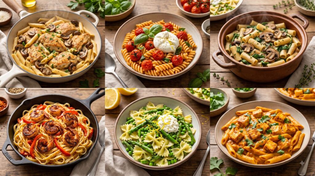 Six creamy one-pot pasta dishes including chicken, tomato basil, mushroom, shrimp, lemon vegetable and paneer pasta