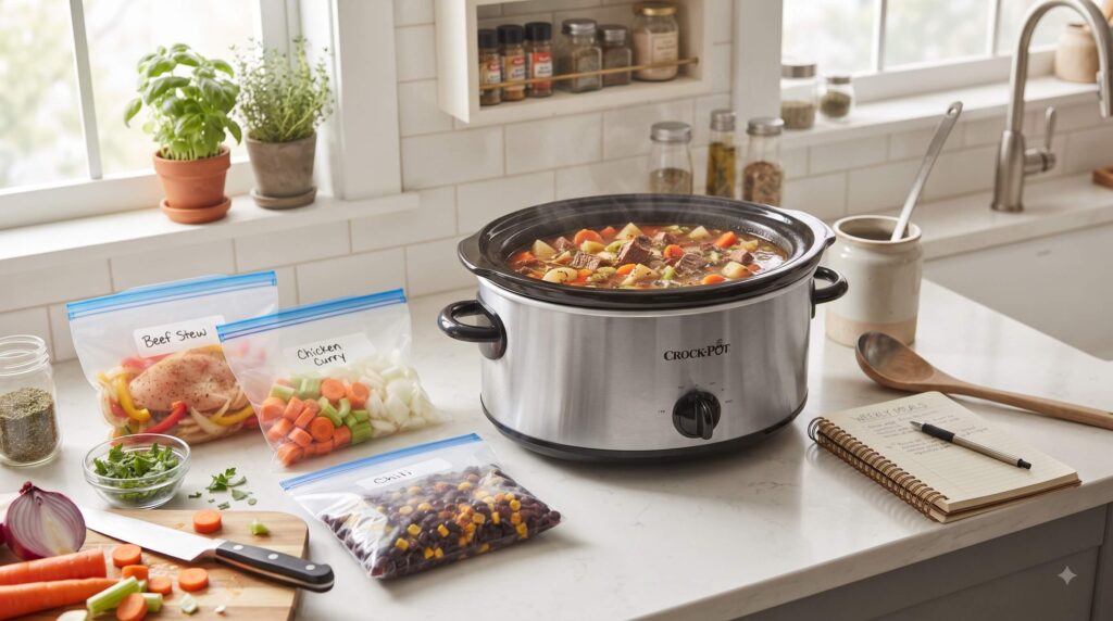 Slow cooker meal prep with freezer meal ingredients and organized Crockpot cooking supplies