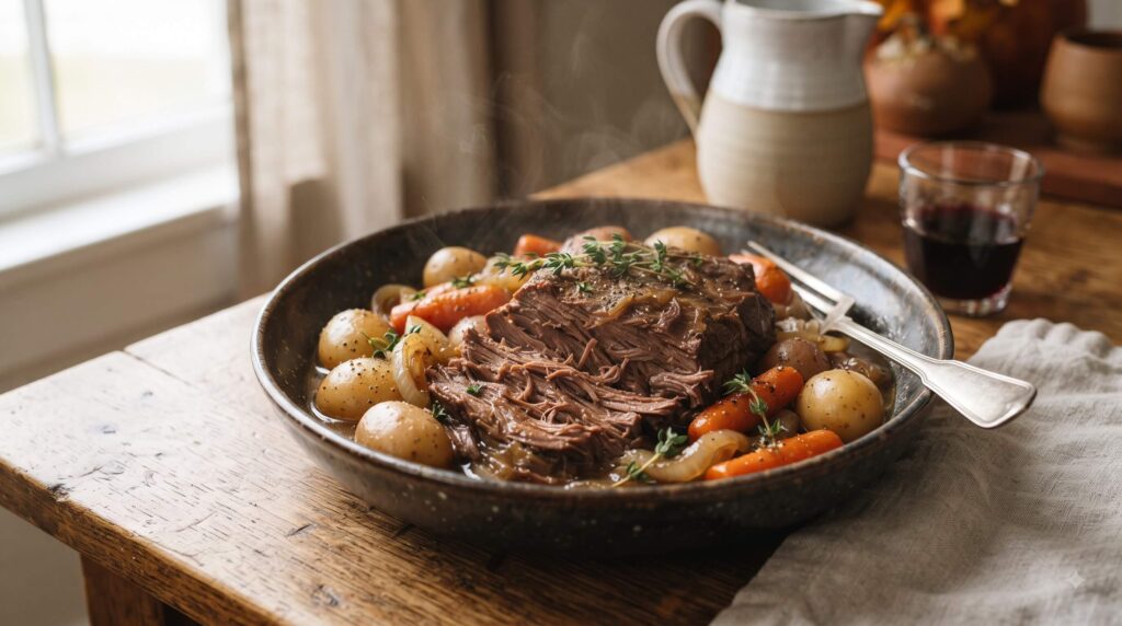 Tender slow cooker pot roast with potatoes, carrots and onions