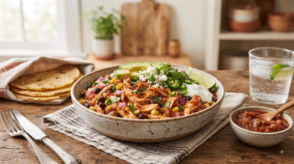 Easy slow cooker salsa chicken with black beans, corn and fresh cilantro