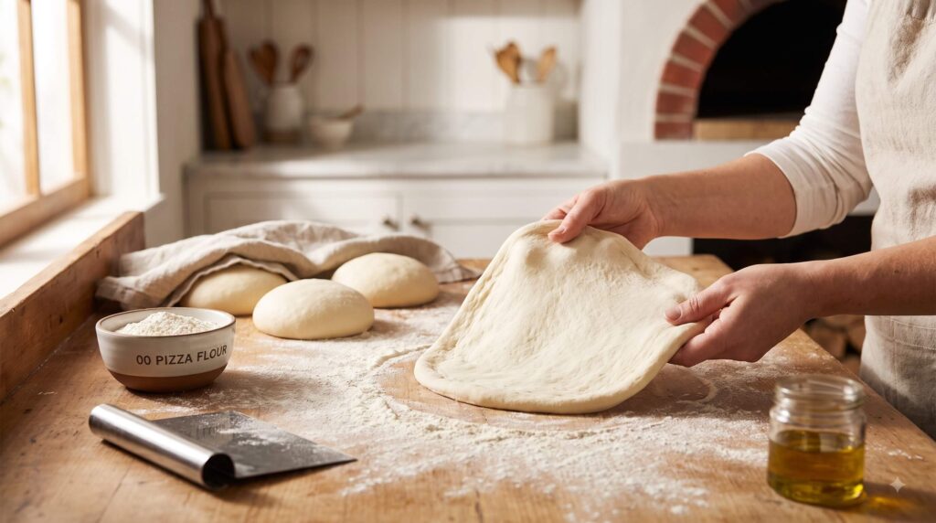 Homemade thin crust pizza dough balls and stretched pizza dough prepared with '00' flour