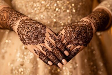 Beautiful floral and Arabic-style mehndi designs on a woman's hands with intricate natural henna patterns.
