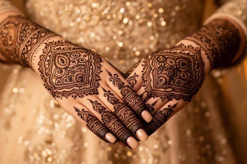 Beautiful floral and Arabic-style mehndi designs on a woman's hands with intricate natural henna patterns.