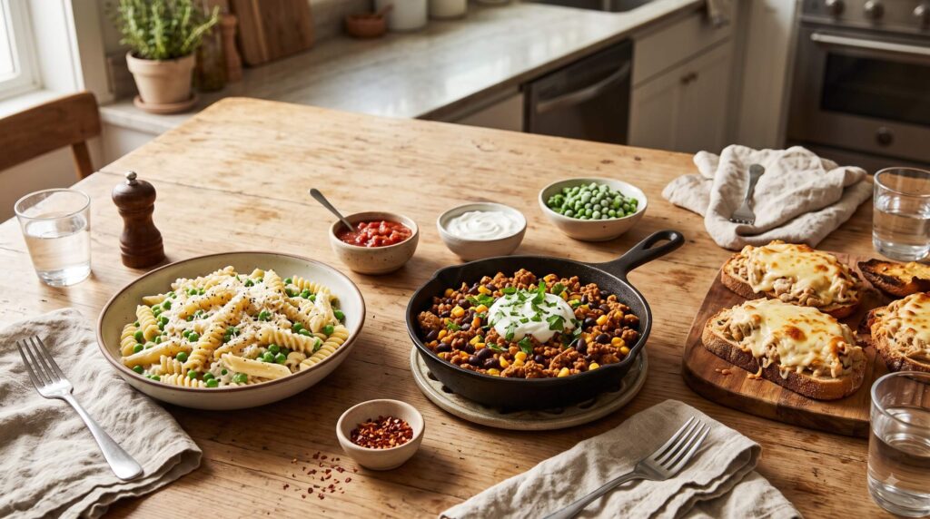 Three easy high-protein dinner ideas including cottage cheese pasta, turkey tacos, and tuna melt.