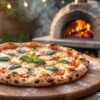 Wood-fired thin crust pizza with blistered crust, mozzarella, and fresh basil coming from a backyard pizza oven